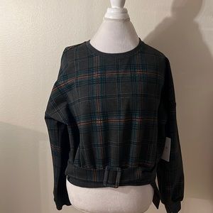 J.O.A. Women's Fringed Plaid Pullover Gray with Teal Size Medium